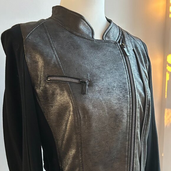 Luisa Cerano Black Metallic Versatile Mixed-Media Moto Jacket Double-Zip – US XS - Picture 9 of 14